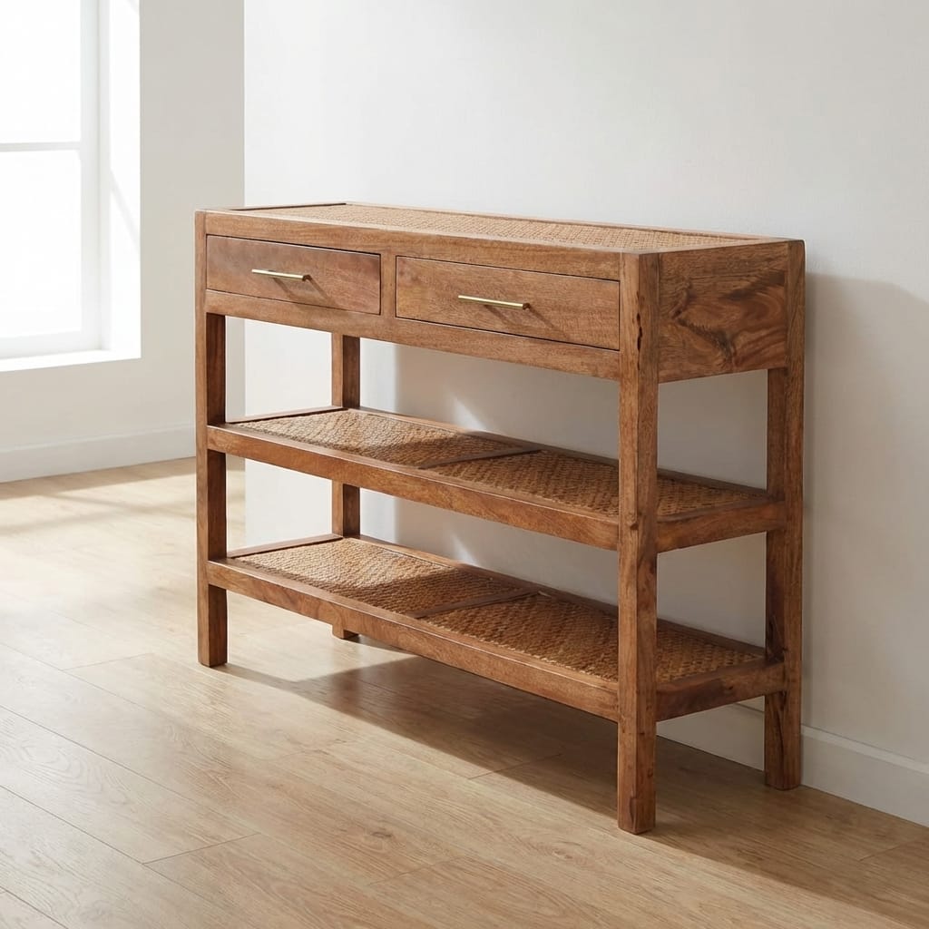 Woven Tier Console Table - Entryway & Hallway Table in Solid Mango Wood - main view showing handcrafted solid mango wood...