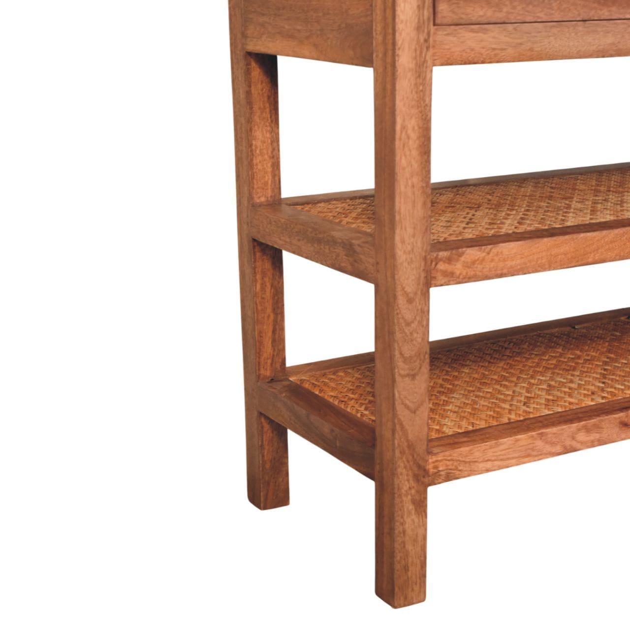 Woven Tier Console Table - Entryway & Hallway Table in Solid Mango Wood - product view 7 showing handcrafted solid mango...