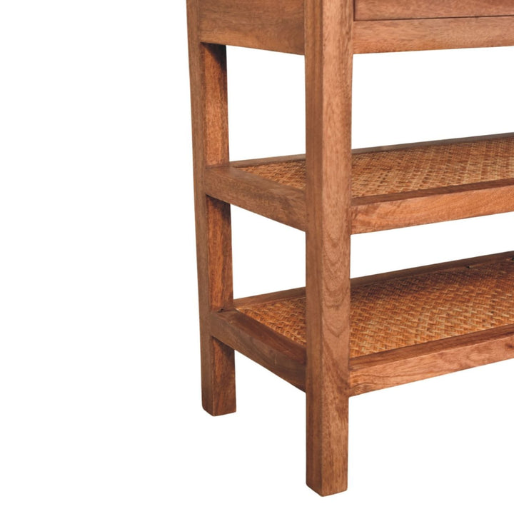 Woven Tier Console Table - Entryway & Hallway Table in Solid Mango Wood - product view 7 showing handcrafted solid mango...