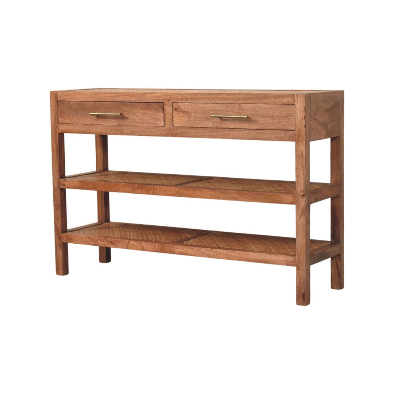 Woven Tier Console Table - Entryway & Hallway Table in Solid Mango Wood - product view 2 showing handcrafted solid mango...