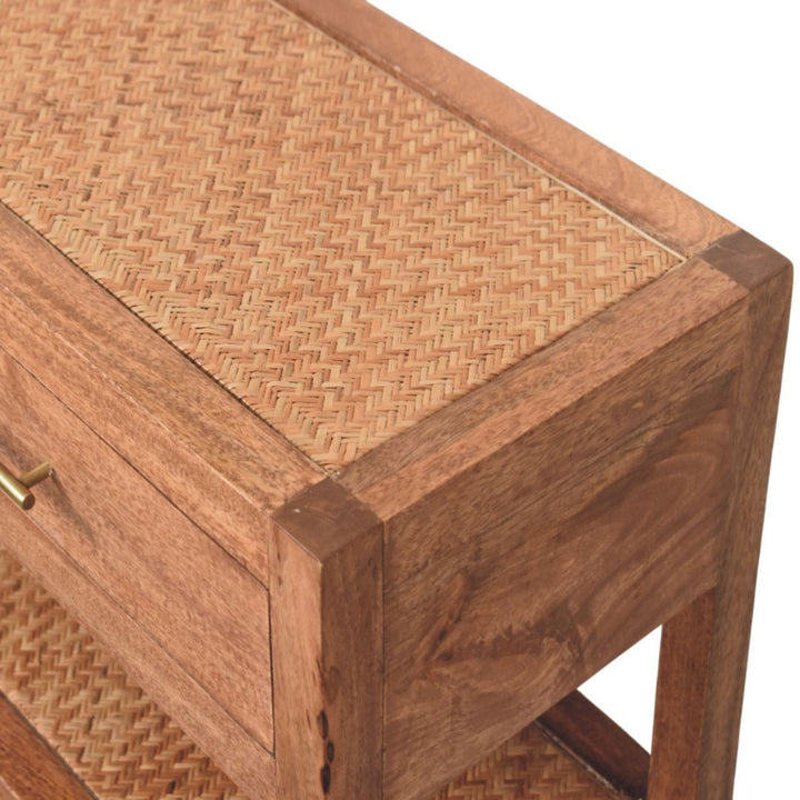 Woven Tier Console Table - Entryway & Hallway Table in Solid Mango Wood - product view 5 showing handcrafted solid mango...