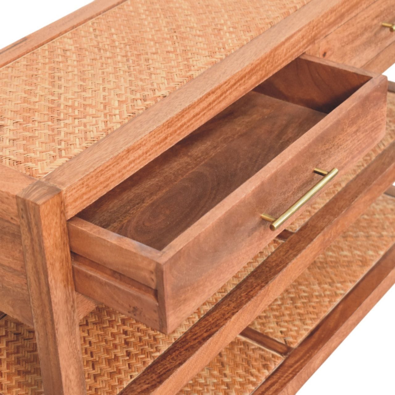 Woven Tier Console Table - Entryway & Hallway Table in Solid Mango Wood - product view 6 showing handcrafted solid mango...