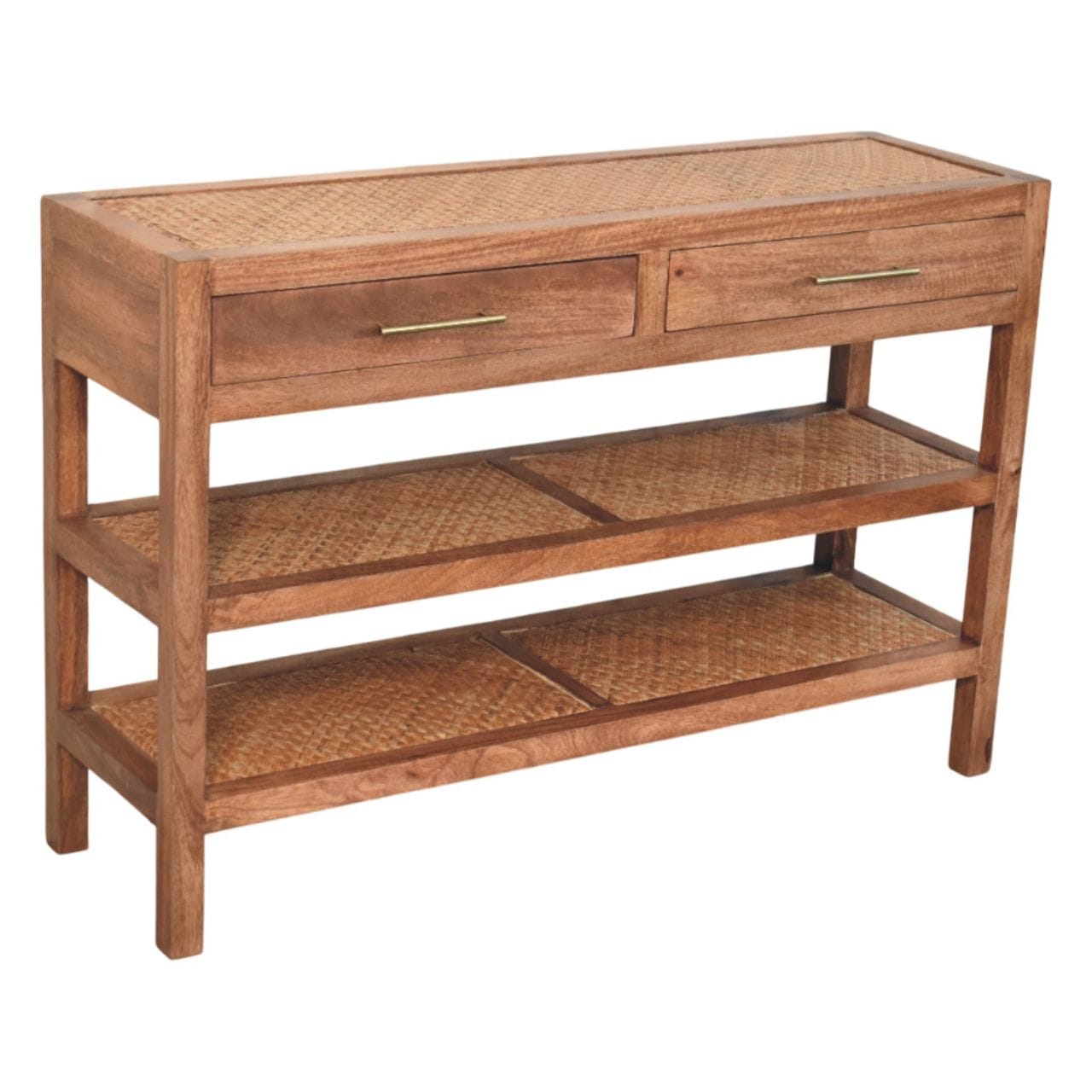 Woven Tier Console Table - Entryway & Hallway Table in Solid Mango Wood - product view 4 showing handcrafted solid mango...