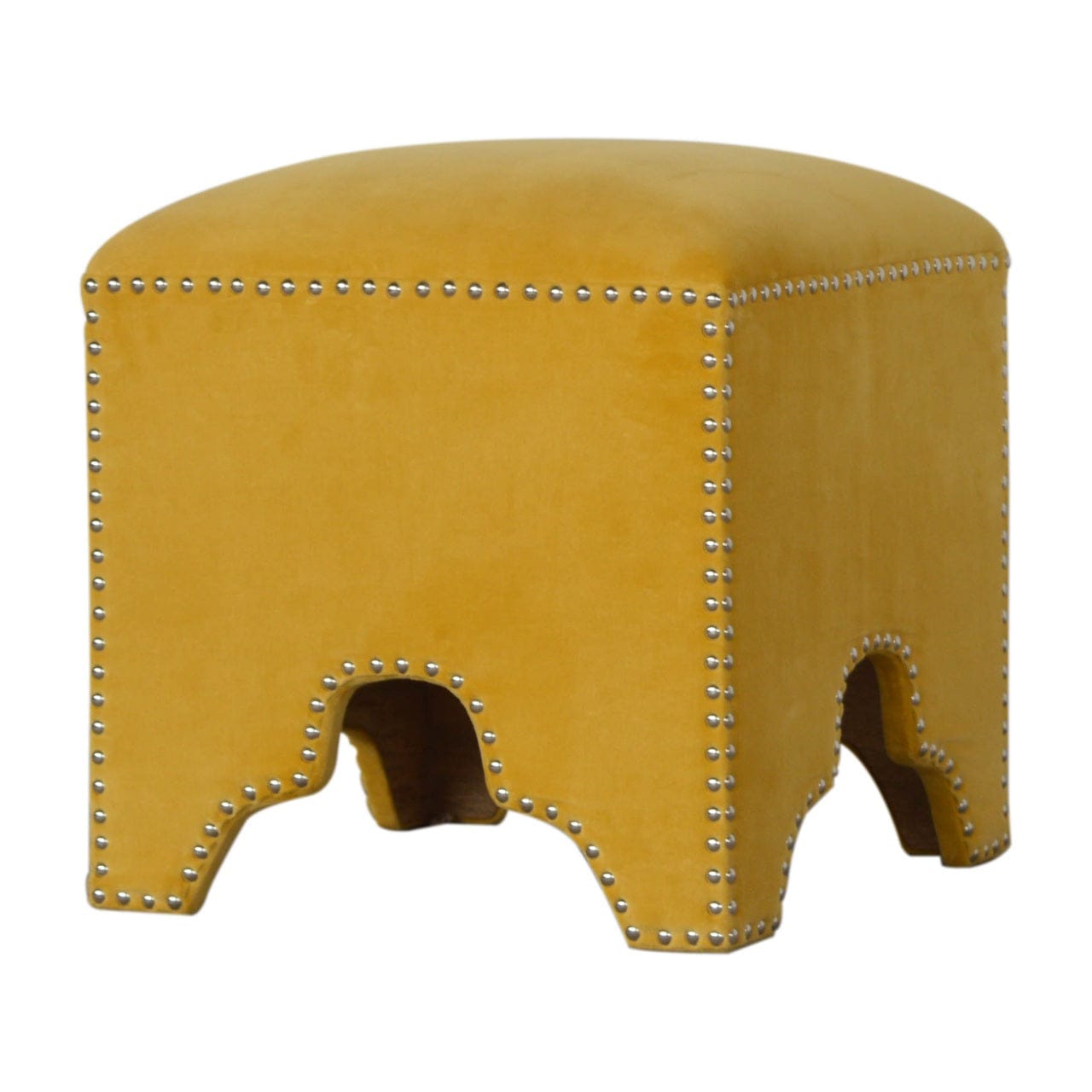 Yellow Studded Footstool - Solid Mango Wood Accent Stool for Living Room - main view showing handcrafted solid mango wood...