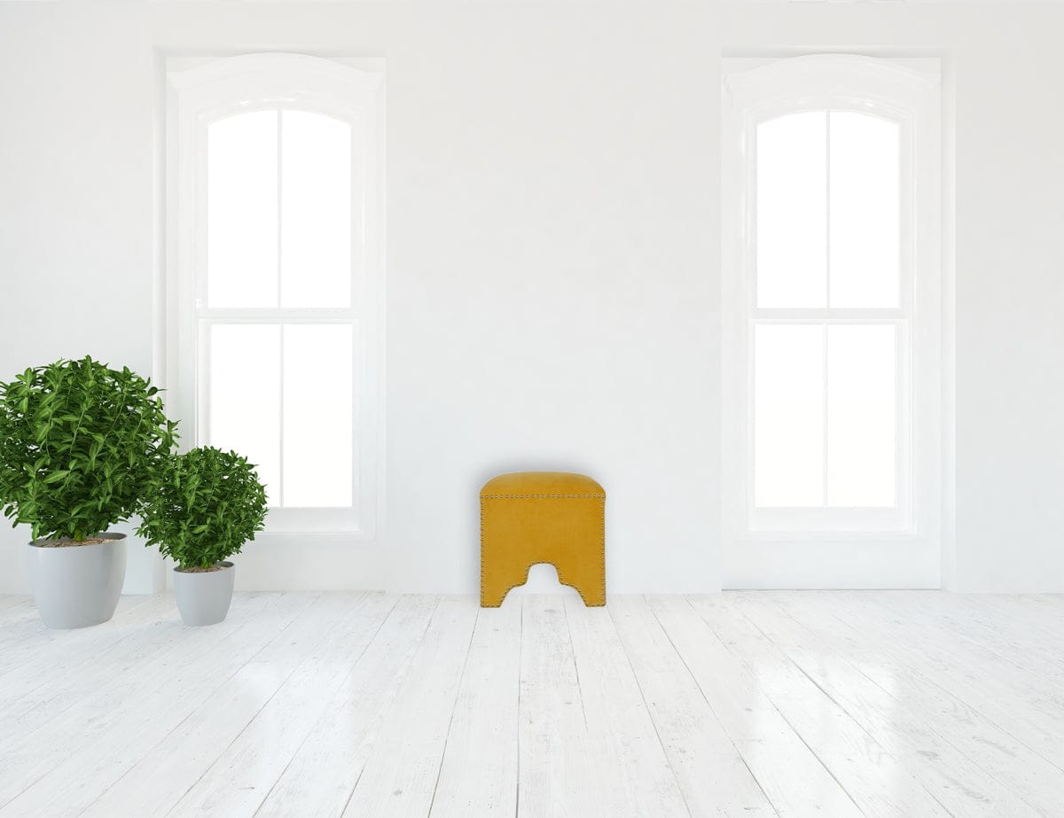 Yellow Studded Footstool - Solid Mango Wood Accent Stool for Living Room - product view 8 showing handcrafted solid mango...