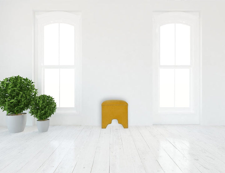 Yellow Studded Footstool - Solid Mango Wood Accent Stool for Living Room - product view 8 showing handcrafted solid mango...