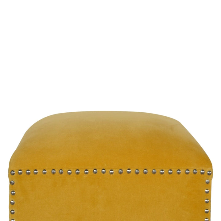 Yellow Studded Footstool - Solid Mango Wood Accent Stool for Living Room - product view 3 showing handcrafted solid mango...