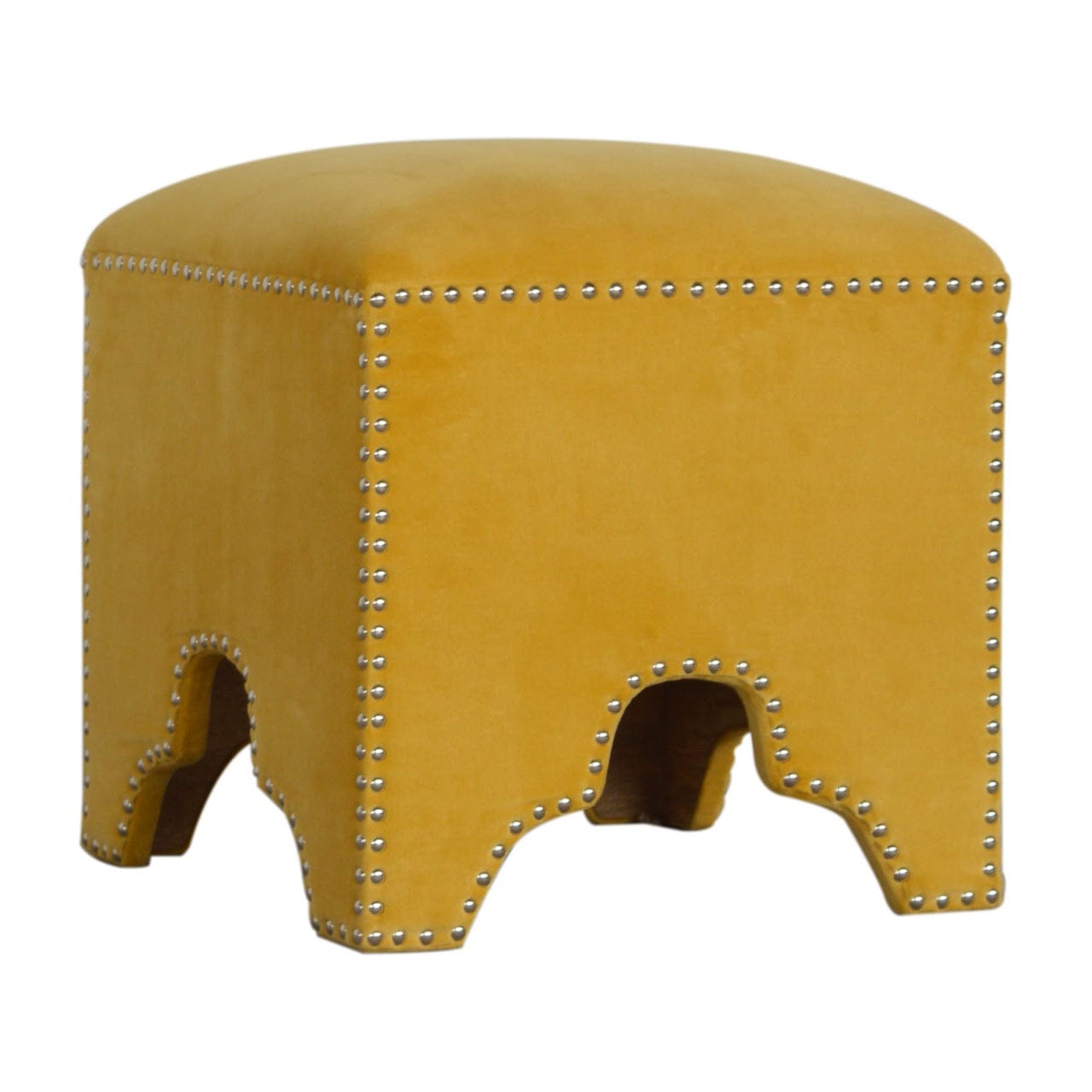 Yellow Studded Footstool - Solid Mango Wood Accent Stool for Living Room - product view 2 showing handcrafted solid mango...