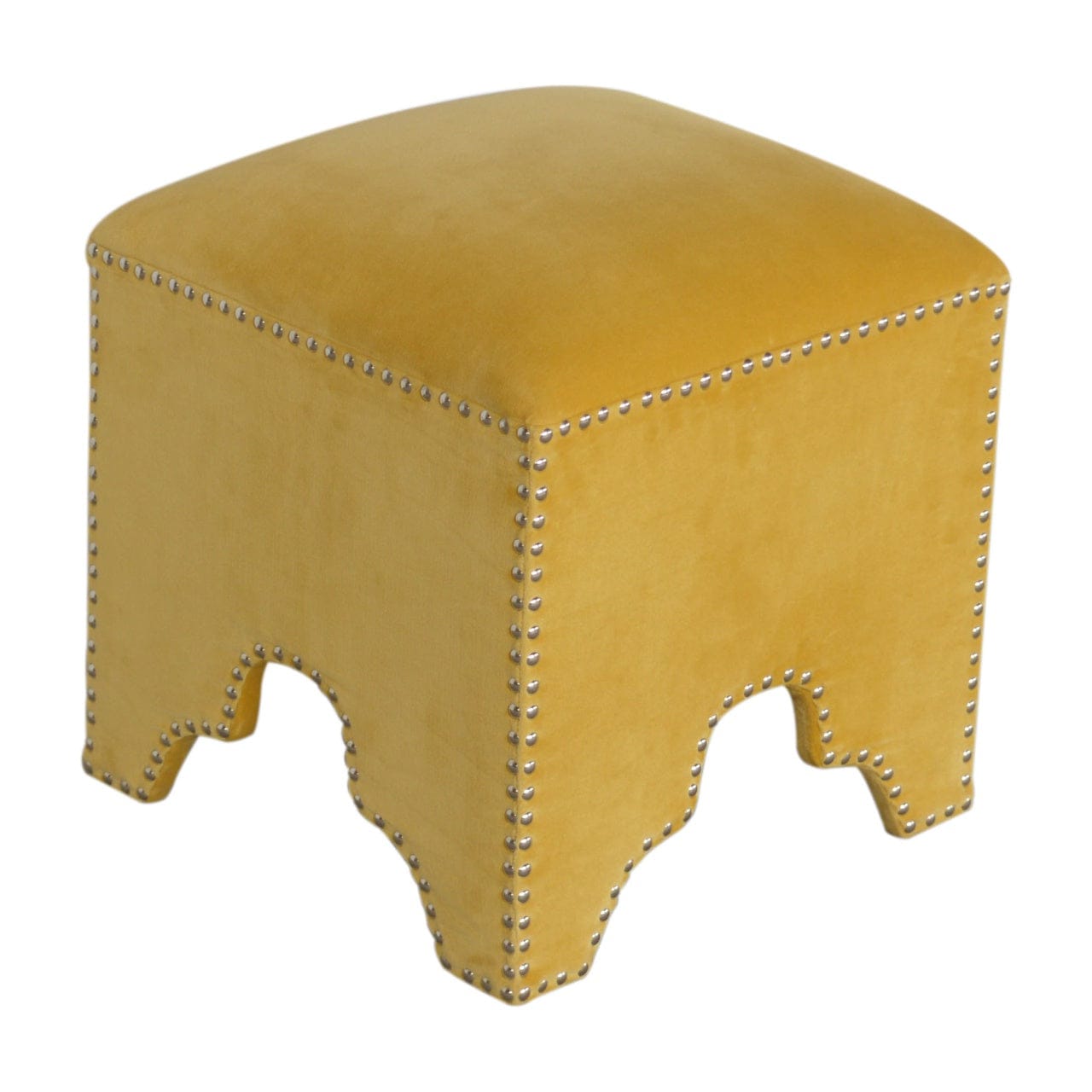 Yellow Studded Footstool - Solid Mango Wood Accent Stool for Living Room - product view 6 showing handcrafted solid mango...