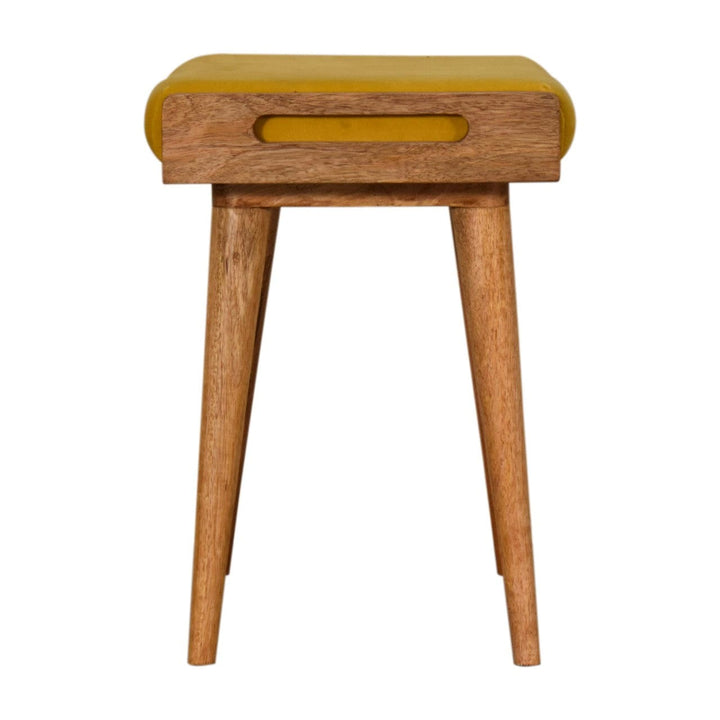 Yellow Velvet Style Footstool - Solid Mango Wood Accent Stool for Living Room - product view 6 showing handcrafted solid...