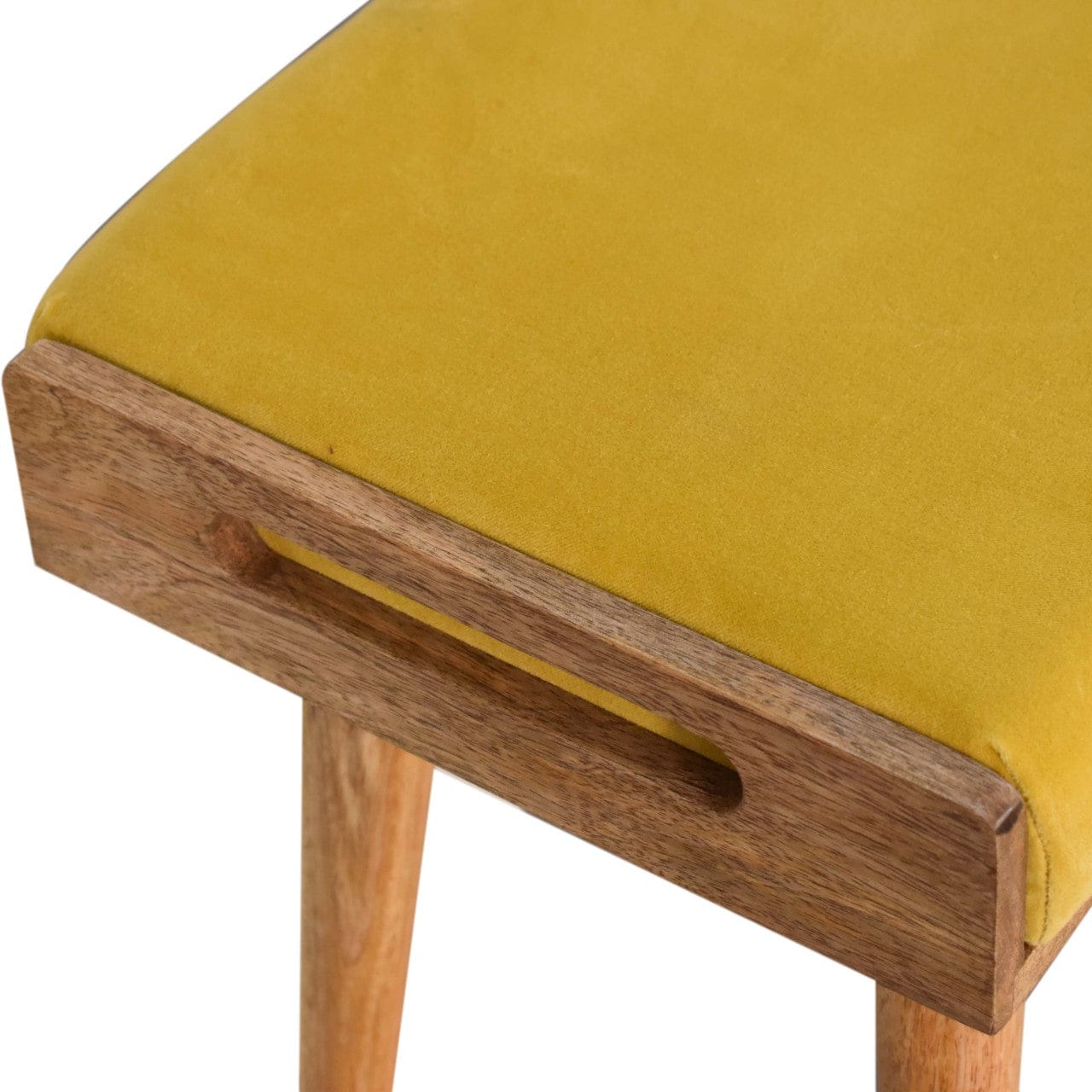 Yellow Velvet Style Footstool - Solid Mango Wood Accent Stool for Living Room - product view 4 showing handcrafted solid...