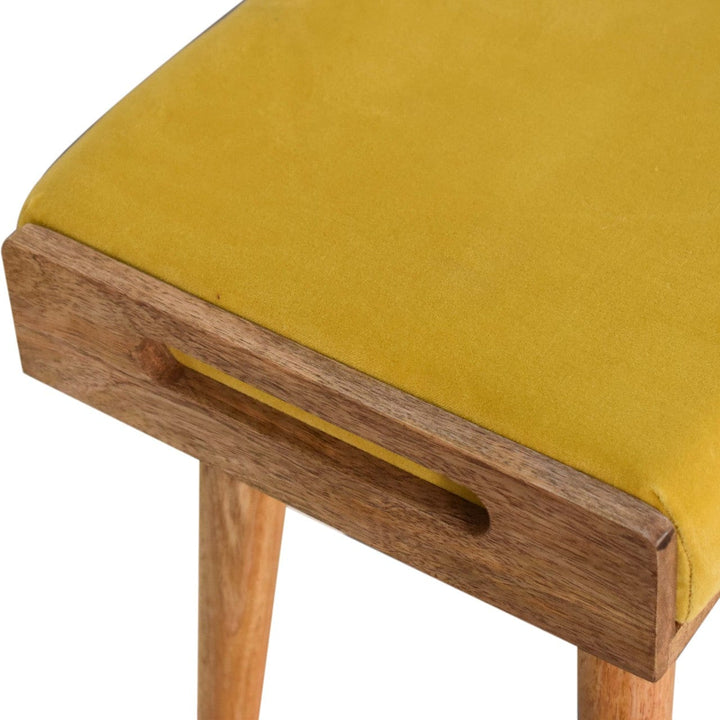 Yellow Velvet Style Footstool - Solid Mango Wood Accent Stool for Living Room - product view 4 showing handcrafted solid...