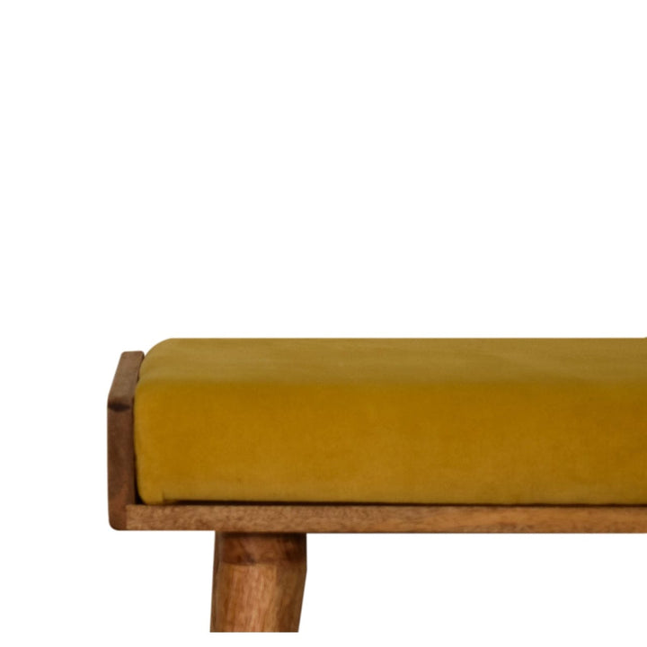 Yellow Velvet Style Footstool - Solid Mango Wood Accent Stool for Living Room - product view 3 showing handcrafted solid...