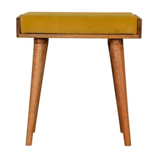 Yellow Velvet Style Footstool - Solid Mango Wood Accent Stool for Living Room - product view 7 showing handcrafted solid...