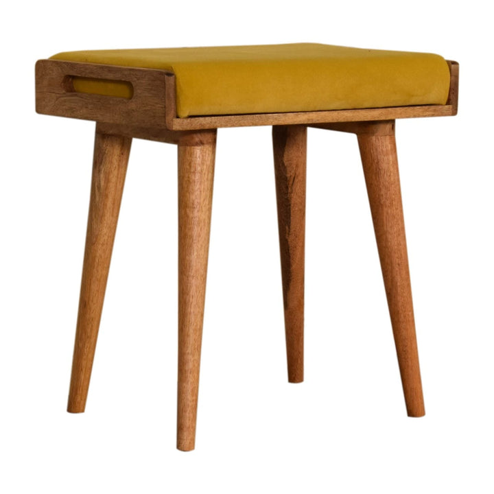 Yellow Velvet Style Footstool - Solid Mango Wood Accent Stool for Living Room - main view showing handcrafted solid mango...