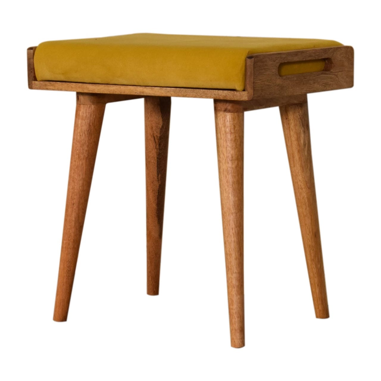 Yellow Velvet Style Footstool - Solid Mango Wood Accent Stool for Living Room - product view 2 showing handcrafted solid...