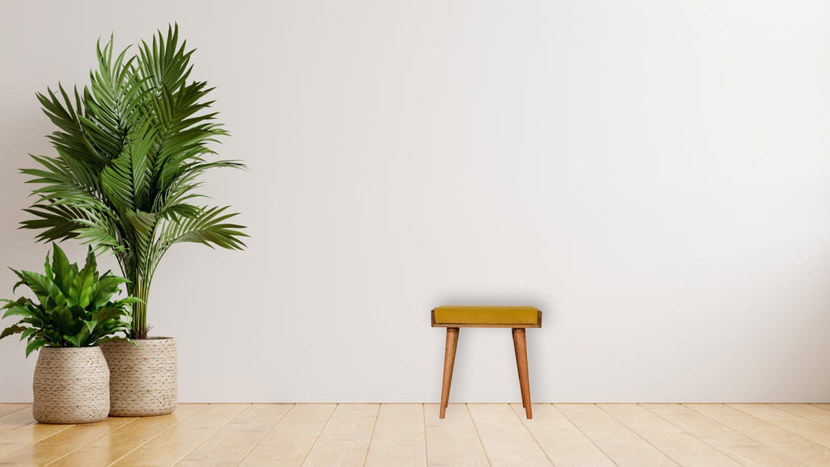 Yellow Velvet Style Footstool - Solid Mango Wood Accent Stool for Living Room - product view 8 showing handcrafted solid...