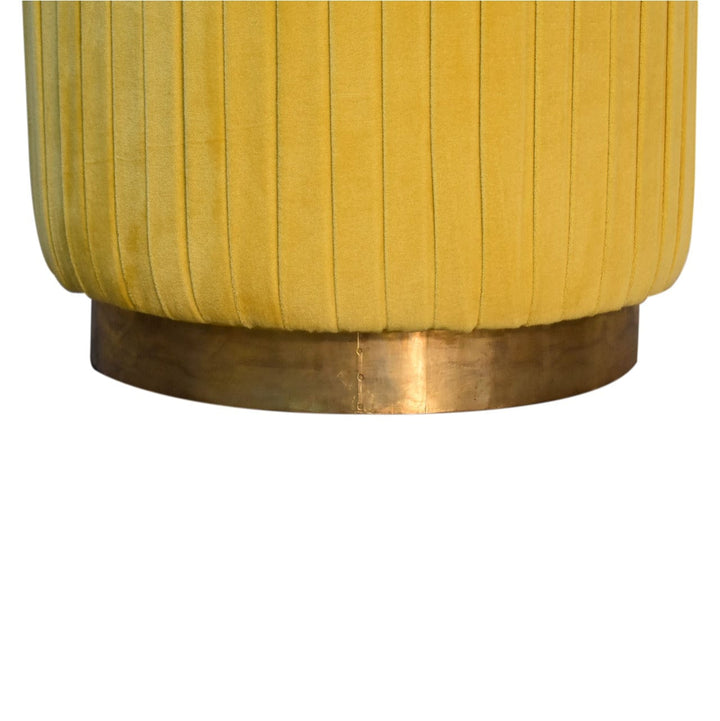Yellow Velvet Pleated Footstool - Solid Mango Wood Accent Stool for Living Room - product view 5 showing handcrafted...