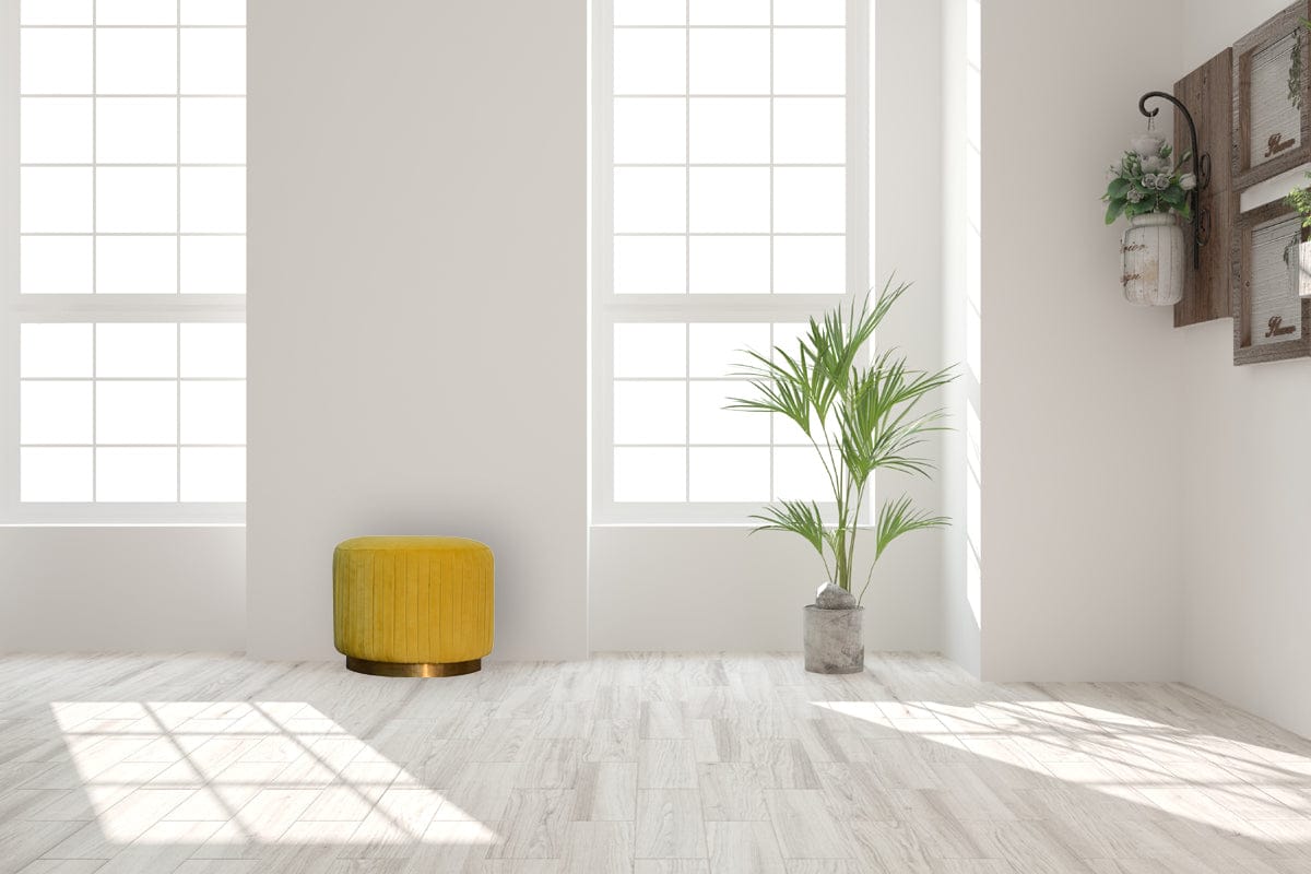 Yellow Velvet Pleated Footstool - Solid Mango Wood Accent Stool for Living Room - product view 8 showing handcrafted...