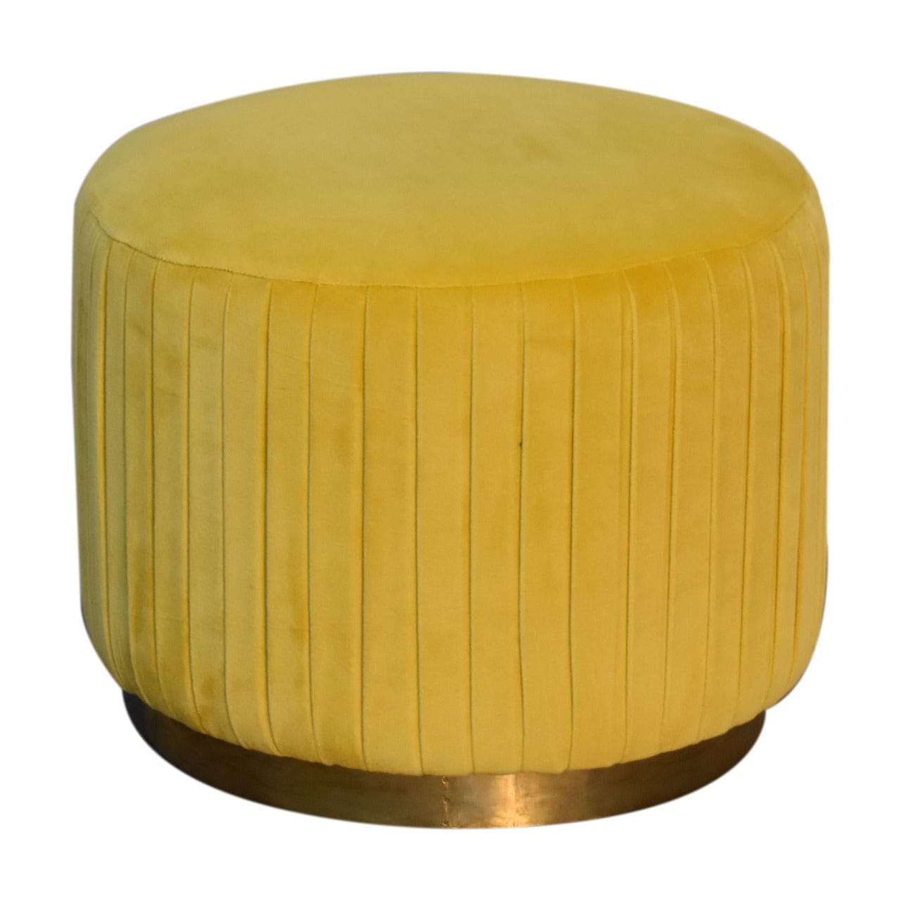 Yellow Velvet Pleated Footstool - Solid Mango Wood Accent Stool for Living Room - main view showing handcrafted solid...