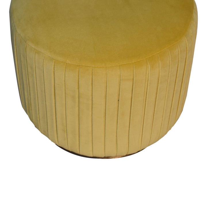 Yellow Velvet Pleated Footstool - Solid Mango Wood Accent Stool for Living Room - product view 2 showing handcrafted...