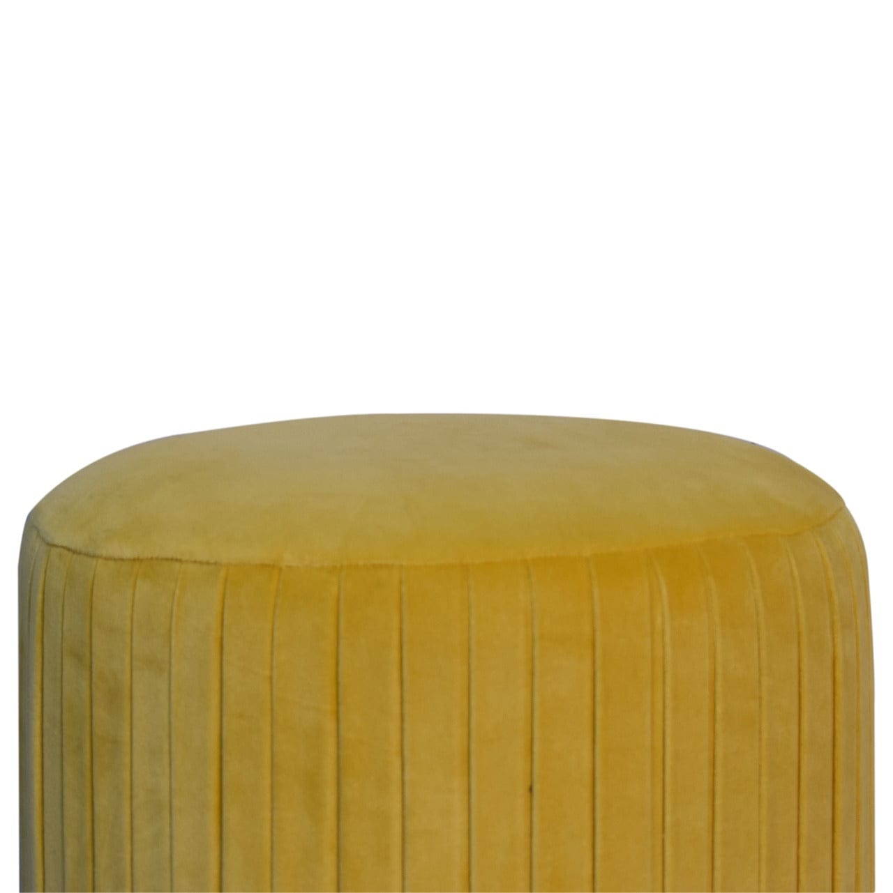 Yellow Velvet Pleated Footstool - Solid Mango Wood Accent Stool for Living Room - product view 4 showing handcrafted...