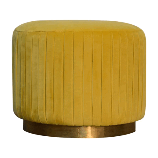 Yellow Velvet Pleated Footstool - Solid Mango Wood Accent Stool for Living Room - product view 7 showing handcrafted...