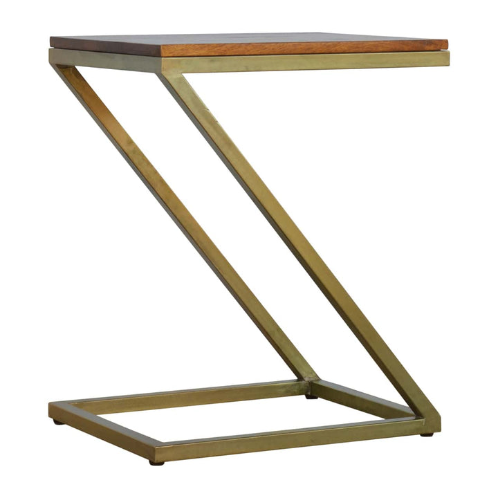 Z-shaped Golden End Table - Solid Mango Wood Side Table for Living Room - product view 3 showing handcrafted solid mango...