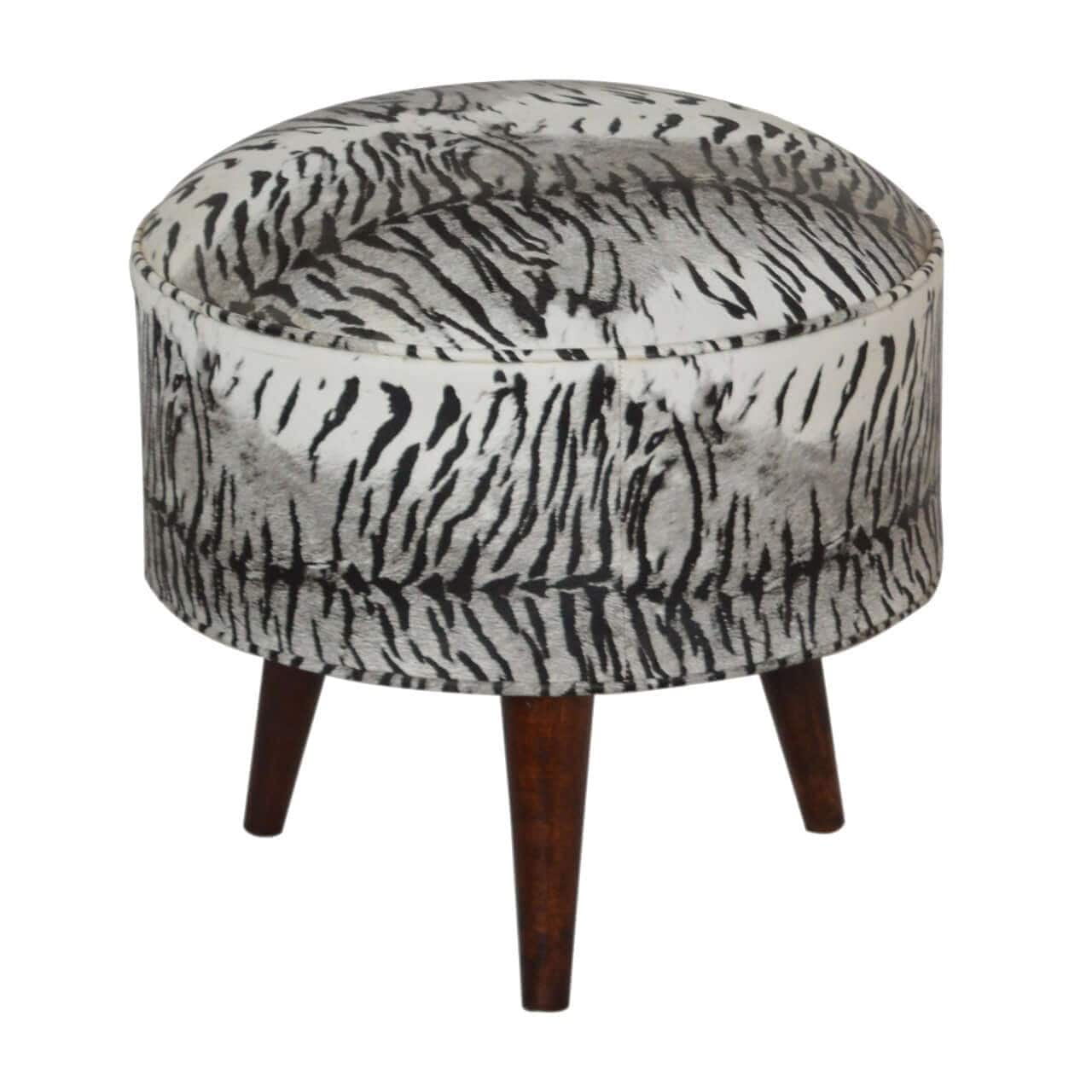Zebra Print Footstool - Solid Mango Wood Accent Stool for Living Room - main view showing handcrafted solid mango wood stool