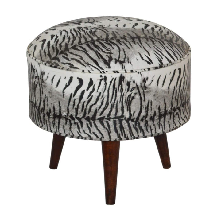 Zebra Print Footstool - Solid Mango Wood Accent Stool for Living Room - main view showing handcrafted solid mango wood stool